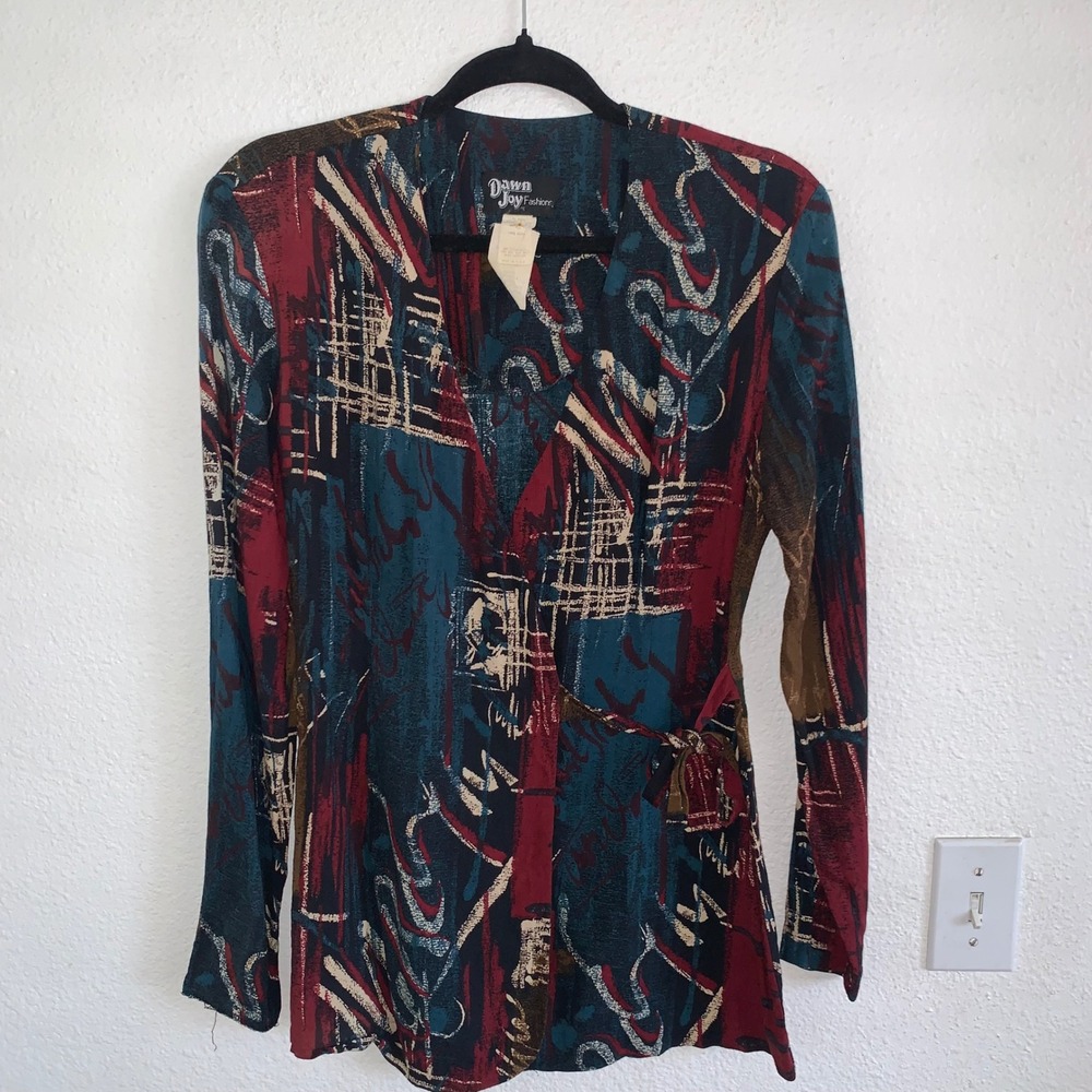 Vintage Dawn Joy Fashions Abstract Print Wrap Top Long Sleeve Teal Burgundy 90s